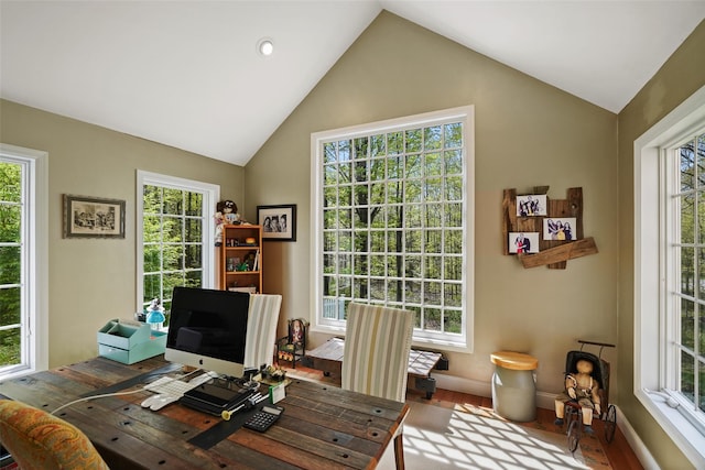 office area featuring vaulted ceiling, wood finished floors, and a wealth of natural light