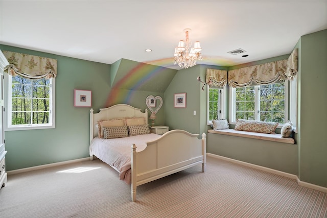 carpeted bedroom with baseboards, recessed lighting, a notable chandelier, and visible vents