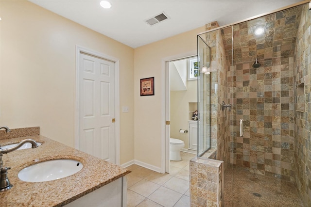 full bathroom featuring tile patterned floors, a shower stall, toilet, and visible vents