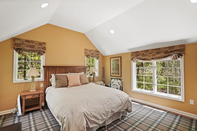 bedroom with recessed lighting, carpet flooring, baseboards, and vaulted ceiling