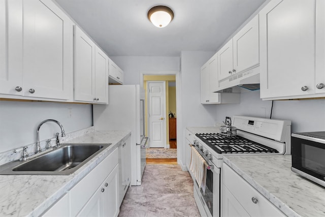 76 Dehaven Dr Unit 3D, Yonkers, NY 10703 - kitchen featuring under cabinet range hood, white cabinets, a sink, and white appliances