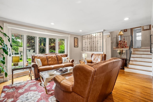 4 Sylvan Rd, White Plains, NY 10605 - living area with crown molding, light wood-type flooring, stairs, and recessed lighting