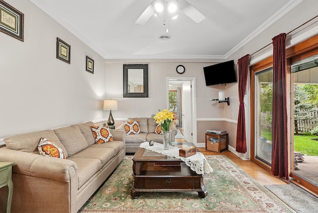 4 Sylvan Rd, White Plains, NY 10605 - living room with ornamental molding, ceiling fan, wood finished floors, and baseboards