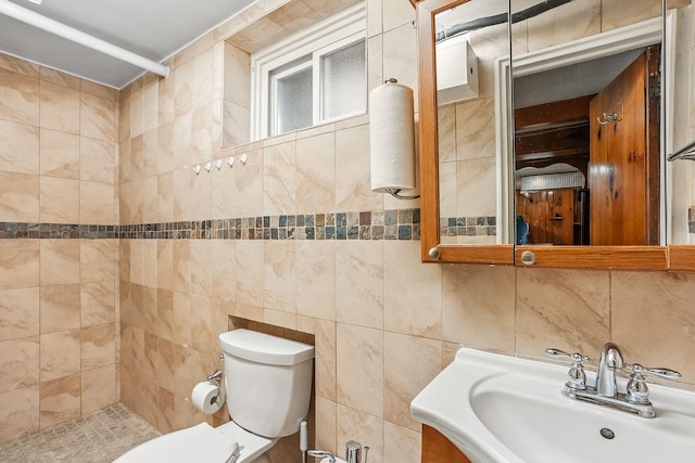 4 Sylvan Rd, White Plains, NY 10605 - bathroom with tile walls, a sink, toilet, and a tile shower