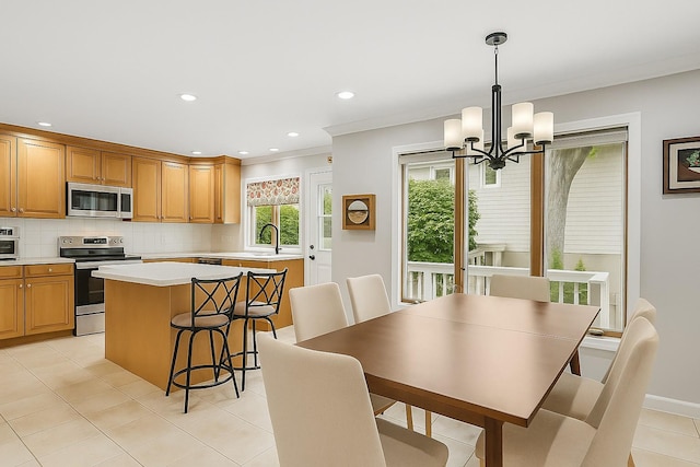 4 Sylvan Rd, White Plains, NY 10605 - dining room featuring a chandelier, recessed lighting, and light tile patterned floors