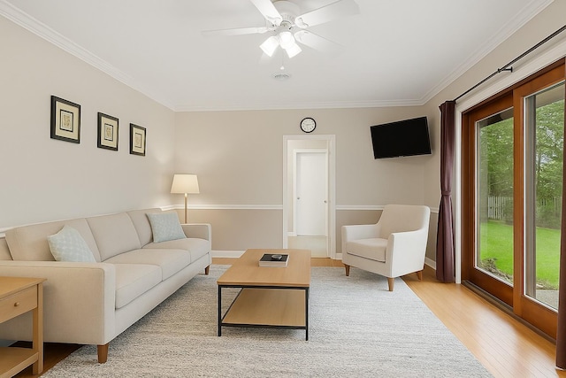 4 Sylvan Rd, White Plains, NY 10605 - living area with light wood-style floors, ornamental molding, and a ceiling fan