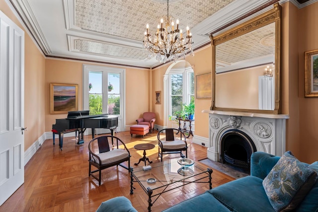 381 W Neck Rd, Lloyd Harbor, NY 11743 - living area with a raised ceiling, a chandelier, ornamental molding, baseboards, and arched walkways