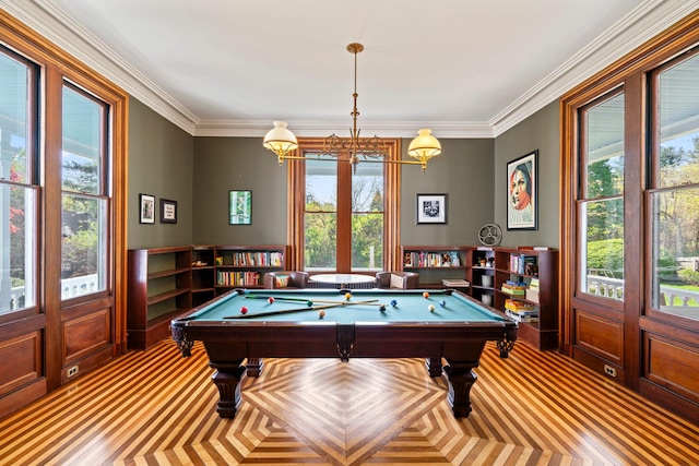381 W Neck Rd, Lloyd Harbor, NY 11743 - game room with carpet floors, a chandelier, crown molding, pool table, and a wainscoted wall