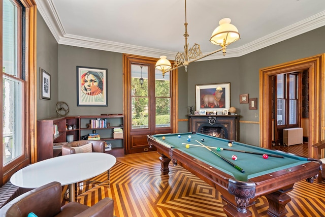 381 W Neck Rd, Lloyd Harbor, NY 11743 - recreation room featuring billiards table, ornamental molding, a lit fireplace, a chandelier, and radiator