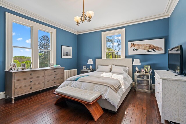 381 W Neck Rd, Lloyd Harbor, NY 11743 - bedroom with dark wood-style flooring, a notable chandelier, ornamental molding, and radiator