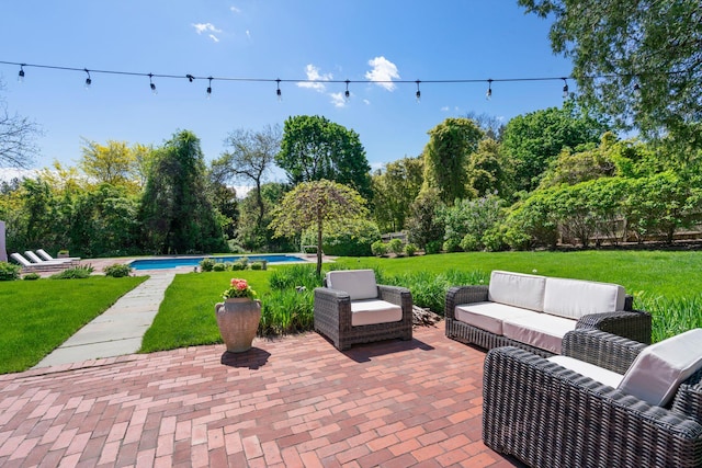 381 W Neck Rd, Lloyd Harbor, NY 11743 - view of patio with an outdoor hangout area, an outdoor pool, and view of scattered trees