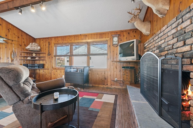 18 Hoppin Ave, Montauk, NY 11954 - living area featuring wooden walls, a warm lit fireplace, rail lighting, and hardwood / wood-style flooring
