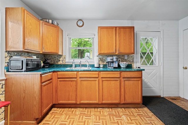 2 Random Rd, Greenwood Lake, NY 10925 - kitchen with stainless steel microwave, tasteful backsplash, a sink, and dark countertops