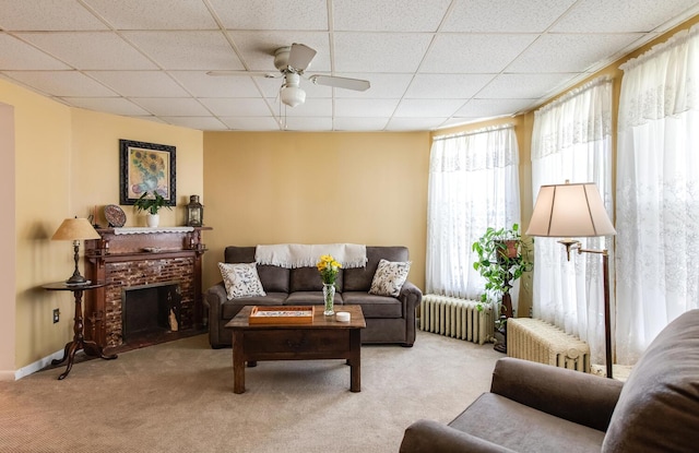 carpeted living room featuring a ceiling fan, a paneled ceiling, and radiator