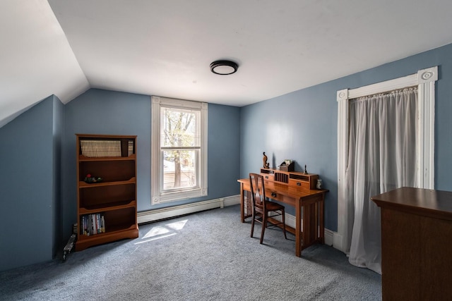 carpeted home office featuring a baseboard heating unit and vaulted ceiling