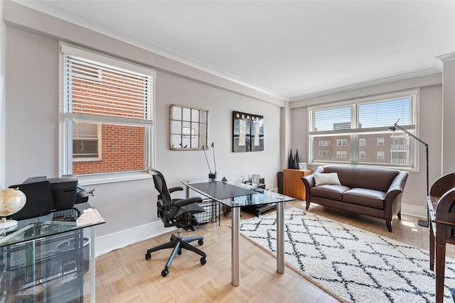 home office featuring crown molding and baseboards