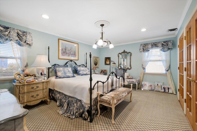 bedroom featuring visible vents, a chandelier, ornamental molding, carpet flooring, and recessed lighting