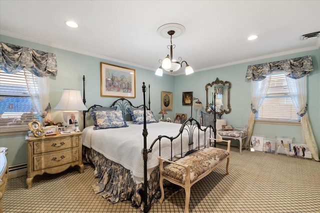 bedroom with visible vents, carpet flooring, crown molding, and multiple windows