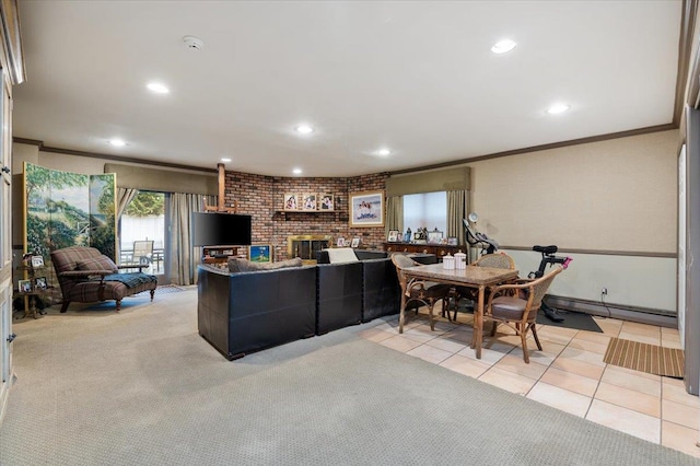interior space with light tile patterned floors, ornamental molding, a baseboard heating unit, and a brick fireplace