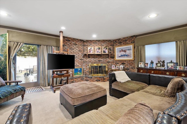 living room featuring ornamental molding, carpet flooring, and recessed lighting