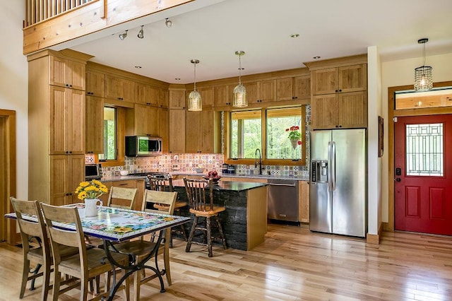 43 Bee Tree Ln, Accord, NY 12404 - kitchen with appliances with stainless steel finishes, a sink, decorative backsplash, light wood-type flooring, and pendant lighting