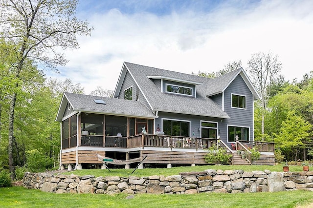 43 Bee Tree Ln, Accord, NY 12404 - view of front of home with a sunroom, roof with shingles, and a wooden deck