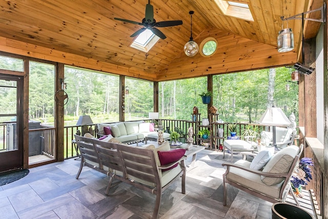 43 Bee Tree Ln, Accord, NY 12404 - sunroom featuring a skylight, an outdoor hangout area, lofted ceiling, and a ceiling fan