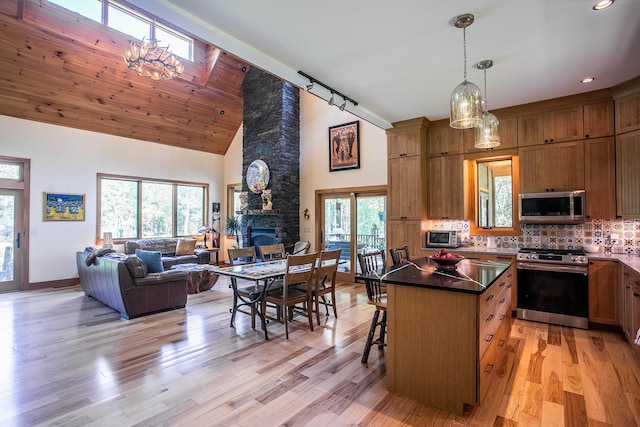43 Bee Tree Ln, Accord, NY 12404 - kitchen featuring stainless steel appliances, open floor plan, a stone fireplace, high vaulted ceiling, and a kitchen bar
