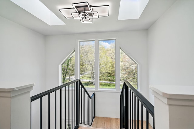 stairs featuring a skylight and wood finished floors