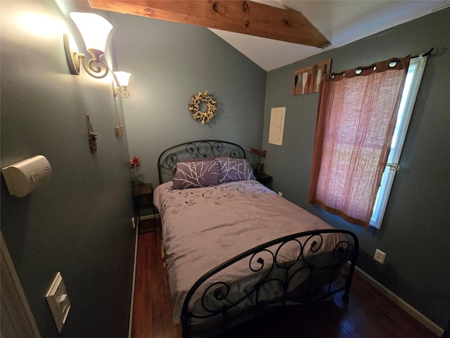 bedroom featuring baseboards, wood finished floors, and lofted ceiling with beams