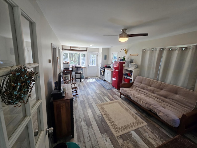 living area with a ceiling fan and wood finished floors
