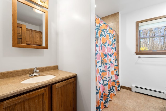 full bath featuring vanity, a baseboard radiator, and a shower with shower curtain