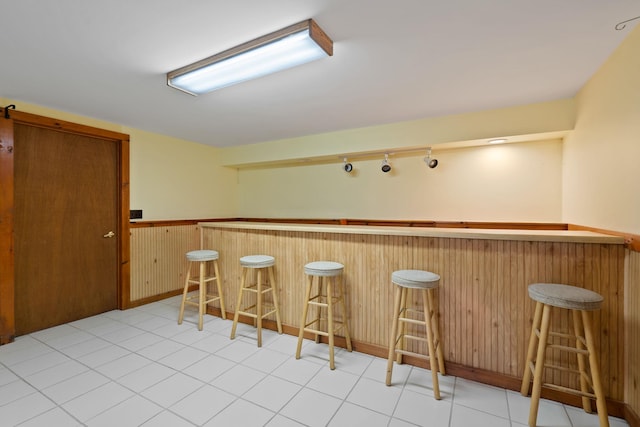 bar featuring wood walls, a dry bar, and a wainscoted wall