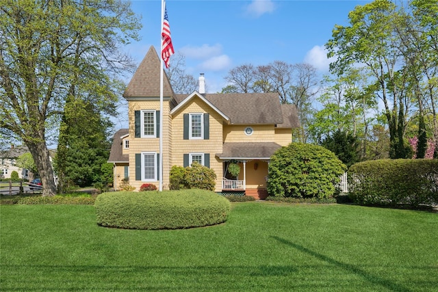 victorian home with a shingled roof, a chimney, and a front yard
