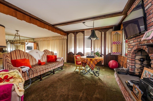 carpeted living room with beam ceiling and a fireplace