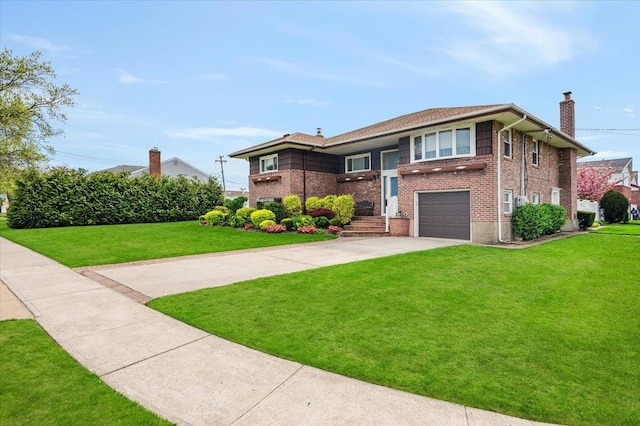 view of front facade featuring a front lawn, brick siding, a garage, a chimney, and concrete driveway