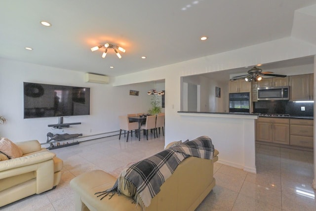 living room with a wall unit AC, a ceiling fan, and recessed lighting