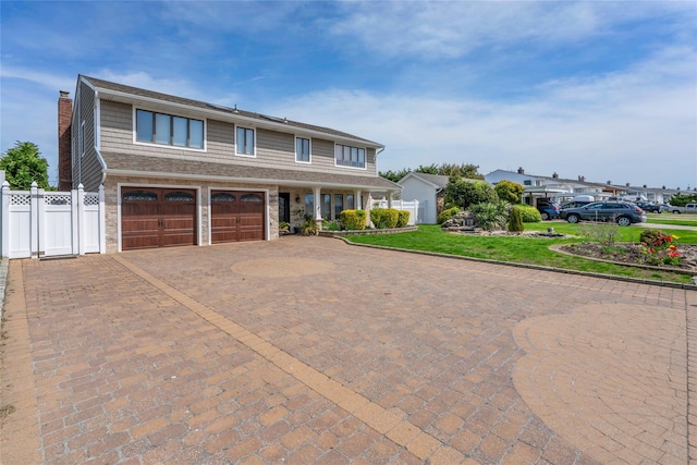view of front of house with decorative driveway, an attached garage, fence, and a chimney
