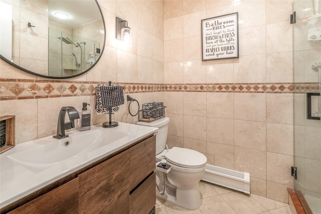 full bathroom with tile walls, tile patterned floors, a shower stall, and toilet