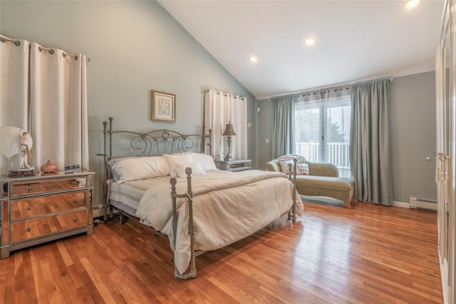bedroom featuring access to outside, baseboard heating, high vaulted ceiling, recessed lighting, and wood finished floors