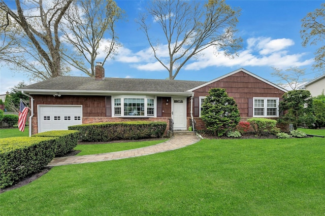ranch-style home with brick siding, a garage, a front lawn, and a chimney