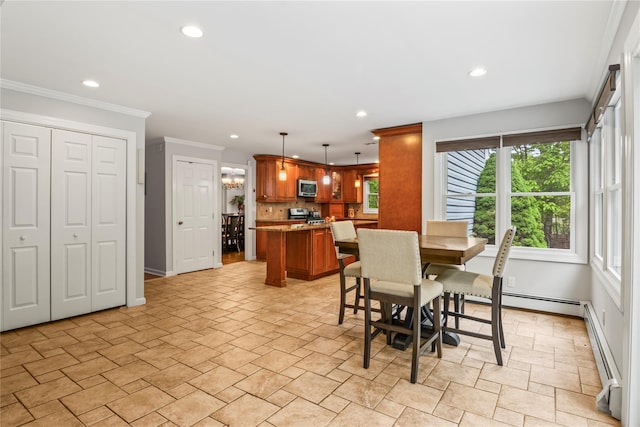 7 E Gate Ln, Setauket, NY 11733 - dining space featuring recessed lighting, light stone finish flooring, baseboards, crown molding, and a baseboard heating unit