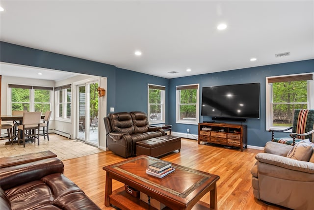 7 E Gate Ln, Setauket, NY 11733 - living room featuring healthy amount of natural light, recessed lighting, baseboards, light wood-type flooring, and a baseboard radiator
