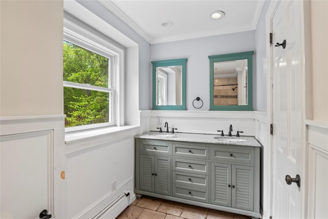 7 E Gate Ln, Setauket, NY 11733 - full bath featuring a wainscoted wall, double vanity, and ornamental molding