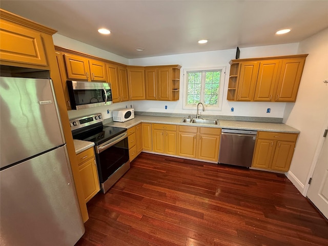 254 Farm To Market Rd, Brewster, NY 10509 - kitchen featuring appliances with stainless steel finishes, open shelves, dark wood-type flooring, light countertops, and recessed lighting