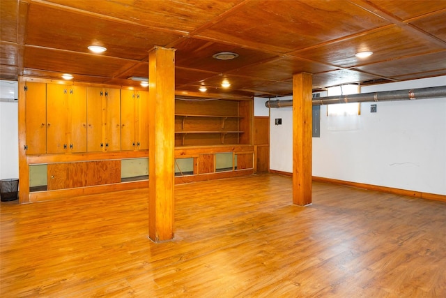 7365 S Broadway, Red Hook, NY 12571 - finished below grade area featuring baseboards, electric panel, wood ceiling, and light wood finished floors