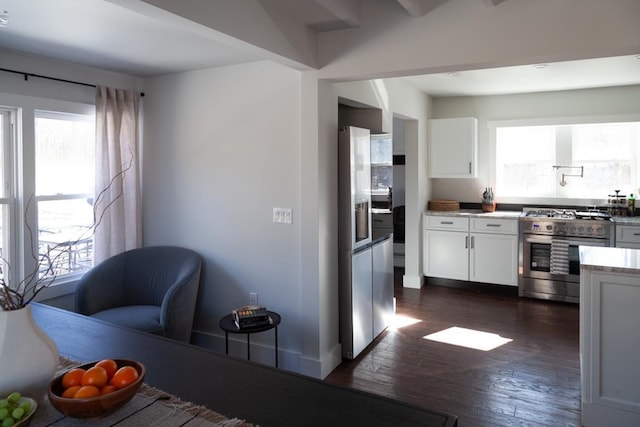 kitchen featuring light countertops, white cabinets, stainless steel appliances, and dark wood-type flooring
