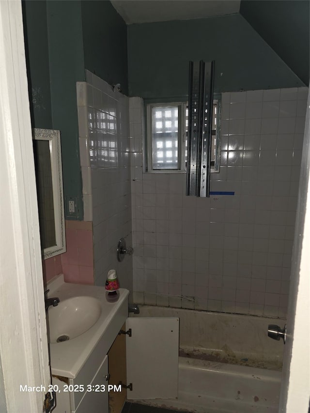 full bathroom featuring vanity and bathtub / shower combination