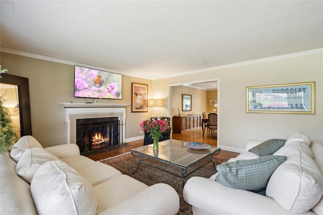 26 Woodgreen Ln, East Hills, NY 11577 - living area featuring wood finished floors, a warm lit fireplace, crown molding, and baseboards