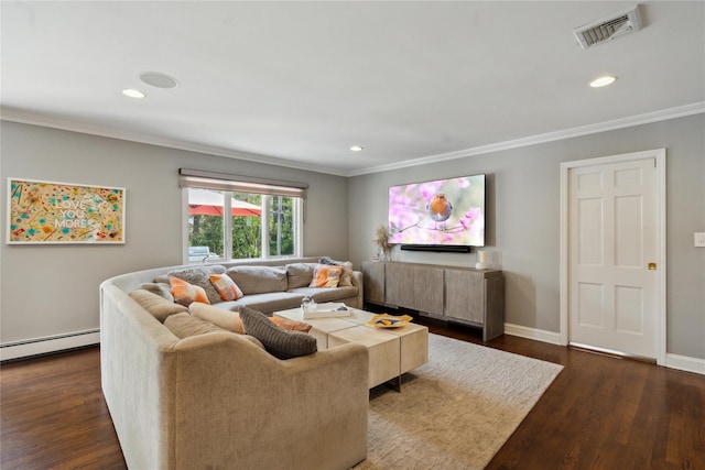 26 Woodgreen Ln, East Hills, NY 11577 - living room featuring ornamental molding, dark wood finished floors, a baseboard radiator, baseboards, and recessed lighting